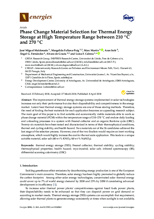 (PDF) Phase Change Material Selection for Thermal Energy Storage at ...