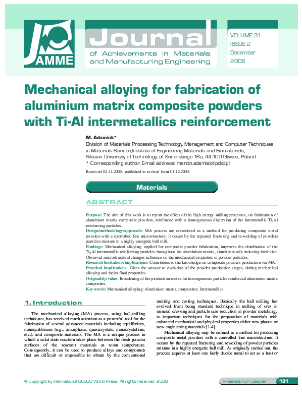 (PDF) Mechanical alloying for fabrication of aluminium matrix composite ...