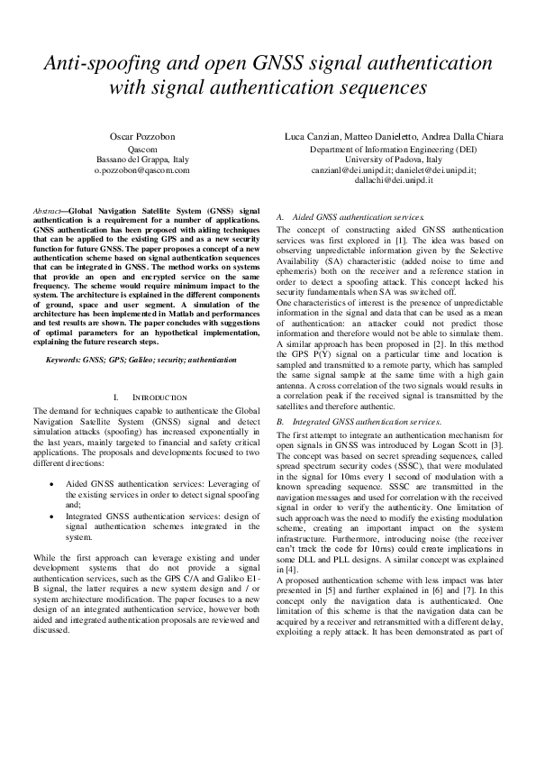 (PDF) Anti-spoofing and open GNSS signal authentication with signal ...