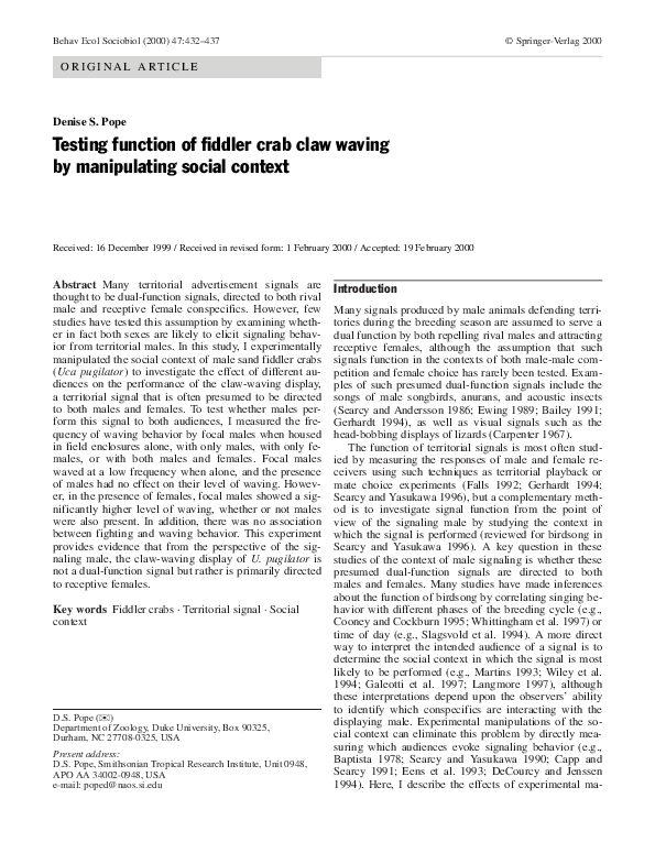 (PDF) Testing function of fiddler crab claw waving by manipulating ...