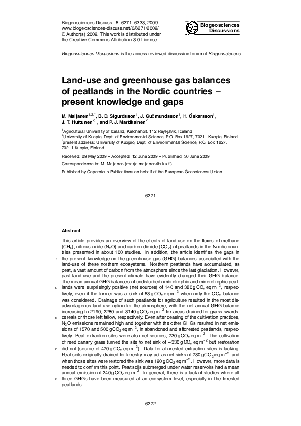 (PDF) Land-use and greenhouse gas balances of peatlands in the Nordic ...