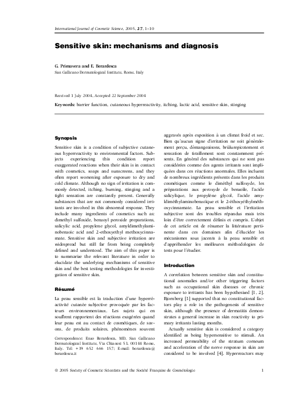 (PDF) Sensitive skin: mechanisms and diagnosis