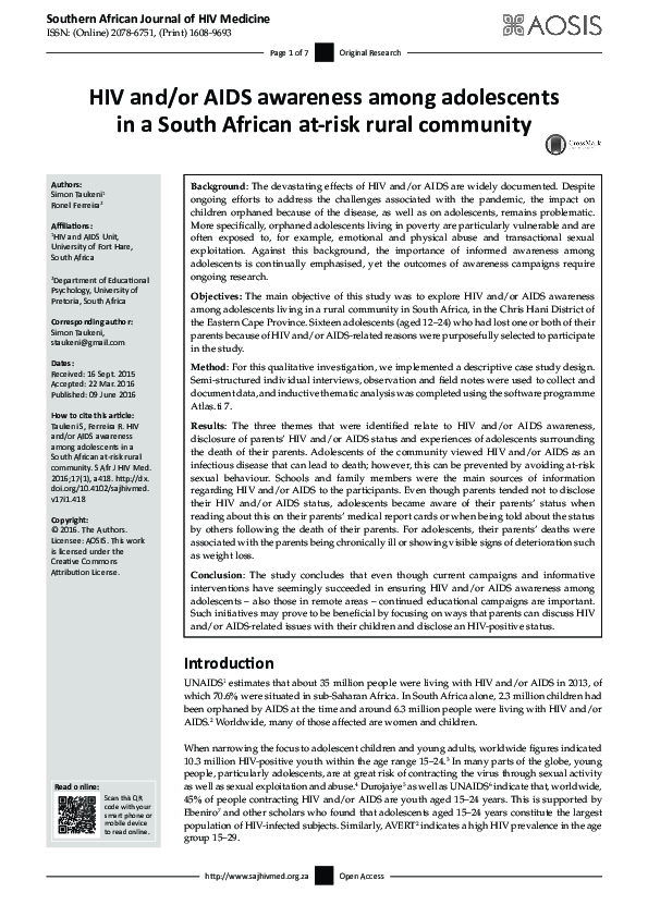 (PDF) HIV and/or AIDS awareness among adolescent orphans in one of the ...