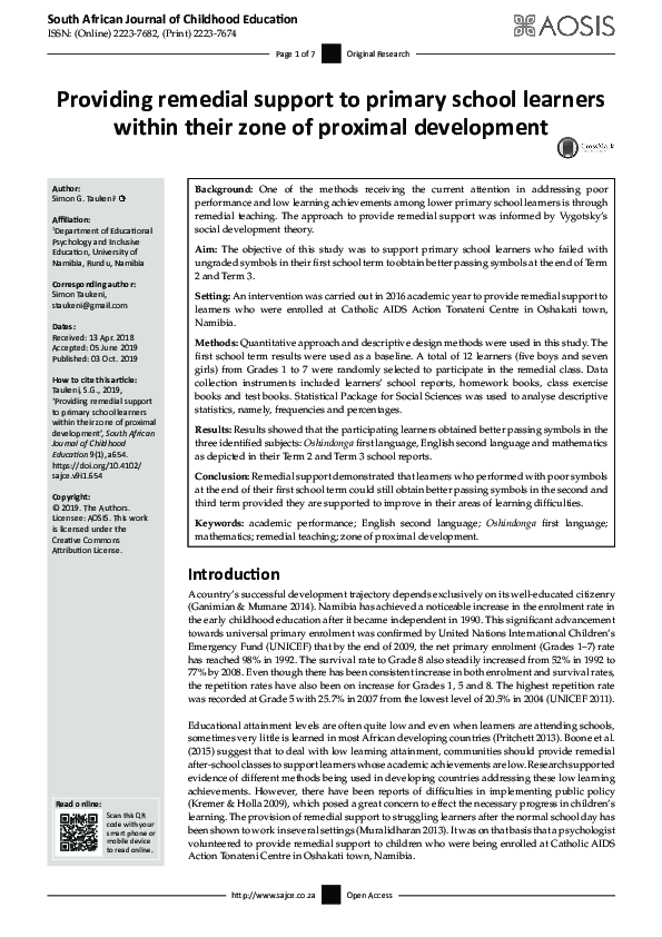 (PDF) Providing remedial support to primary school learners within ...