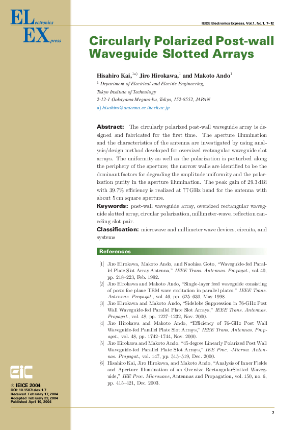 (PDF) Circularly Polarized Post-wall Waveguide Slotted Arrays | Makoto ...