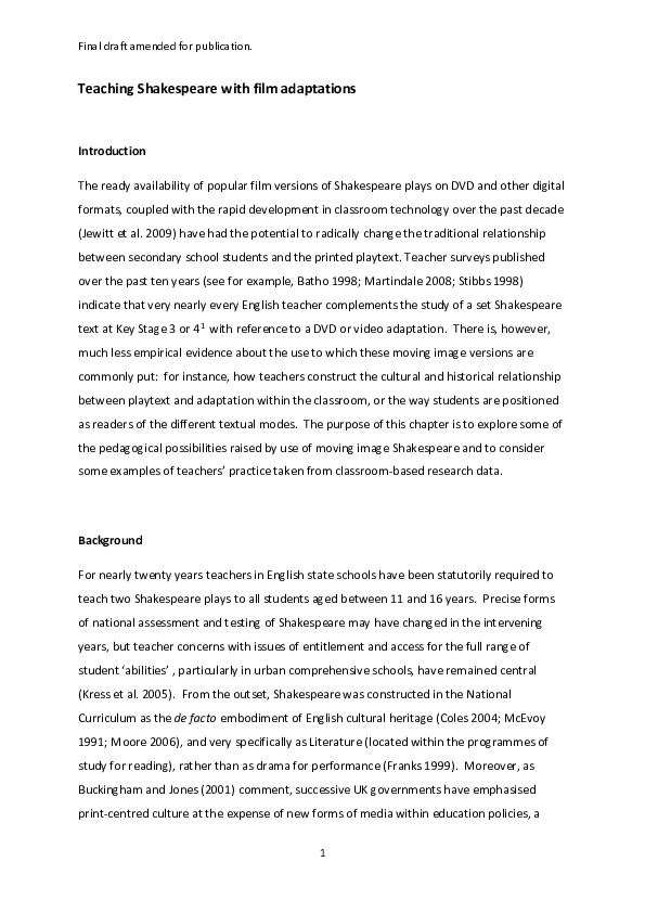 (PDF) Teaching Shakespeare with Film Adaptations