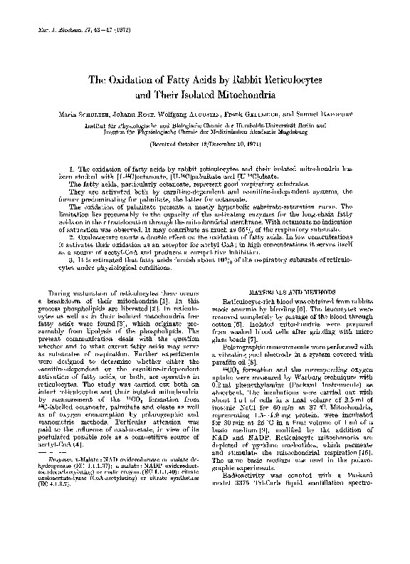 (PDF) The Oxidation of Fatty Acids by Rabbit Reticulocytes and Their ...