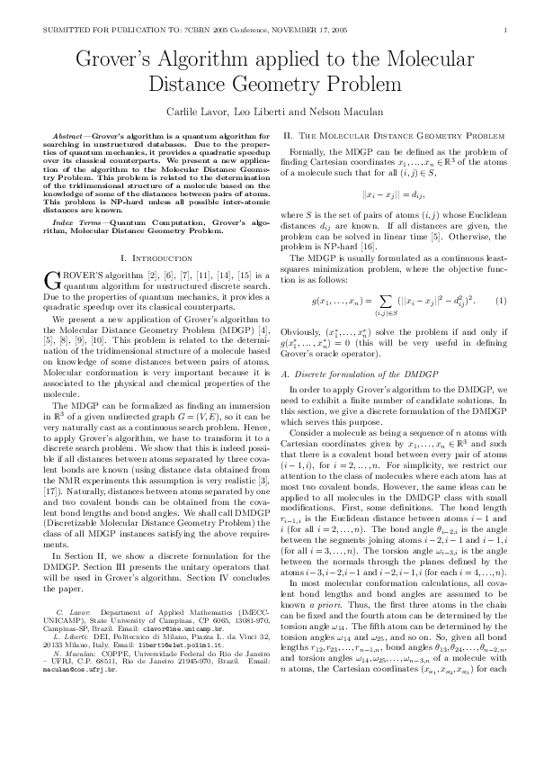 (PDF) Grover’s Algorithm applied to the Molecular Distance Geometry Problem