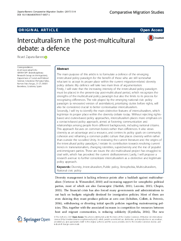 (PDF) Interculturalism in the post-multicultural debate: a defence