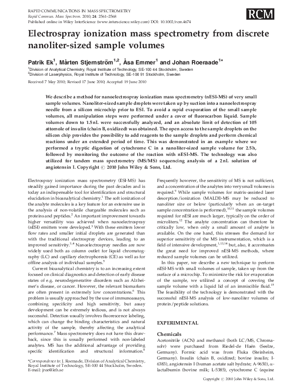 (PDF) Electrospray ionization mass spectrometry from discrete nanoliter ...