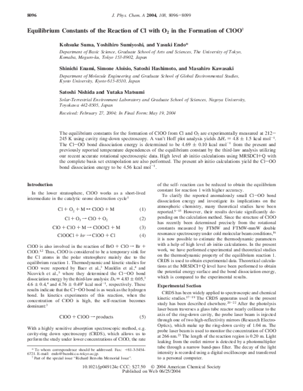 (PDF) Equilibrium Constants of the Reaction of Cl with O 2 in the ...