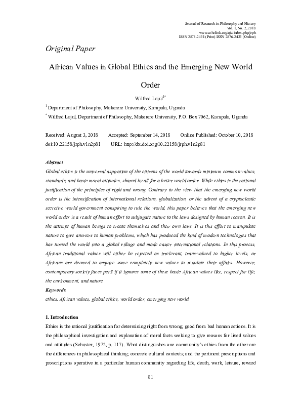 (PDF) African Values in Global Ethics and the Emerging New World Order