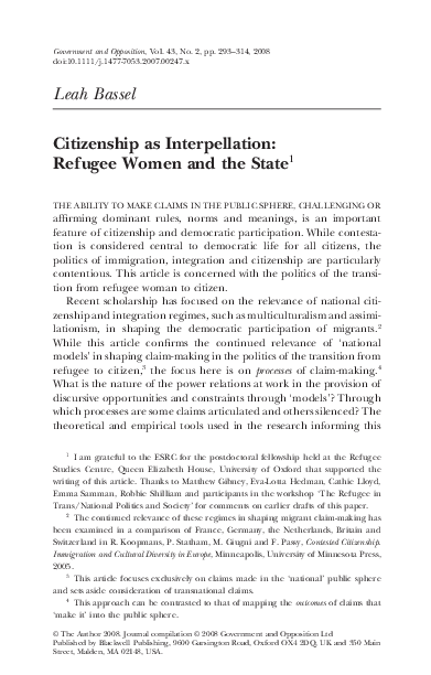 (PDF) Citizenship as Interpellation: Refugee Women and the State