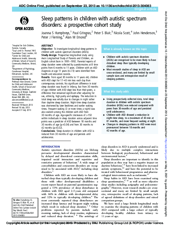 (PDF) Sleep patterns in children with autistic spectrum disorders: a ...