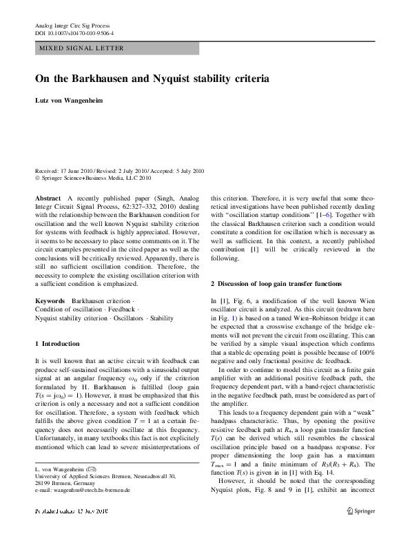 (PDF) On the Barkhausen and Nyquist stability criteria Lutz