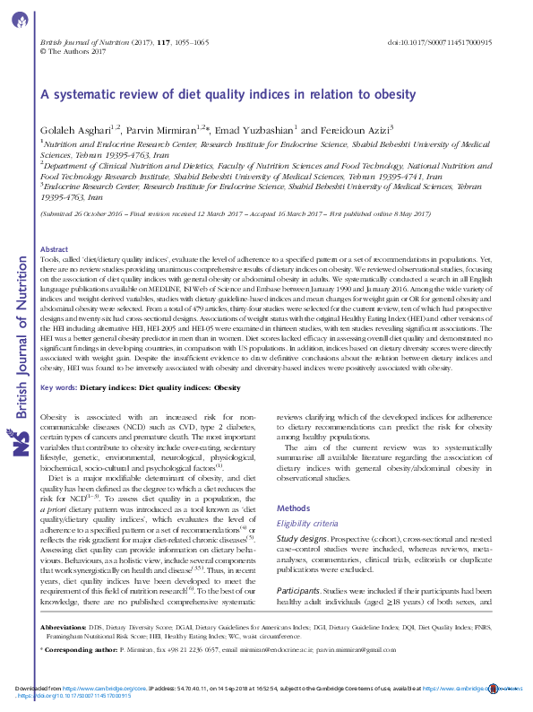 (PDF) A systematic review of diet quality indices in relation to obesity