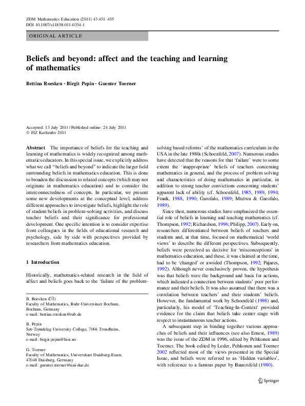 (PDF) Beliefs and beyond: affect and the teaching and learning of ...