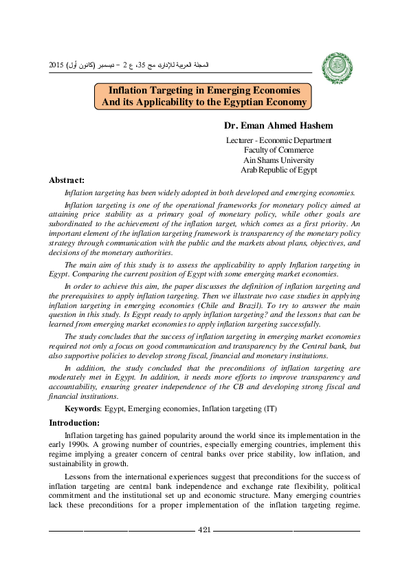 (PDF) Inflation Targeting in Emerging Economies And its Applicability ...