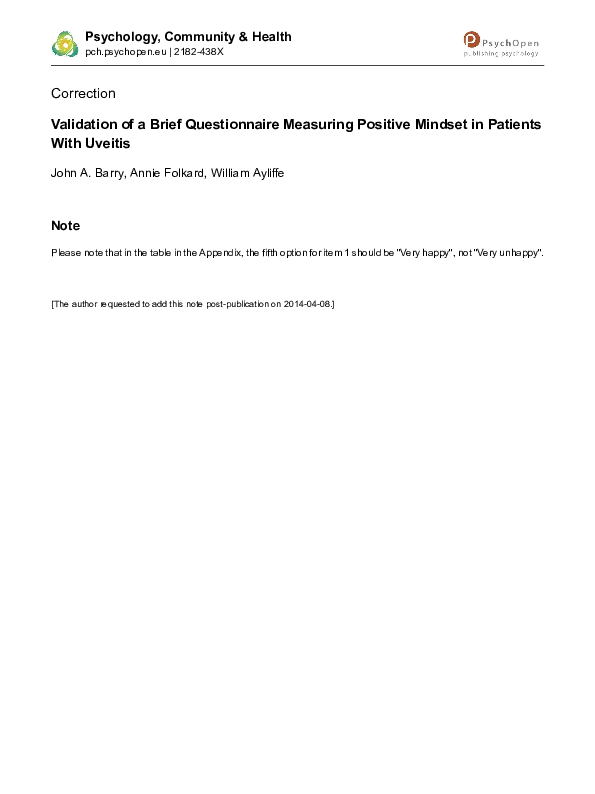 (PDF) Validation of a Brief Questionnaire Measuring Positive Mindset in ...
