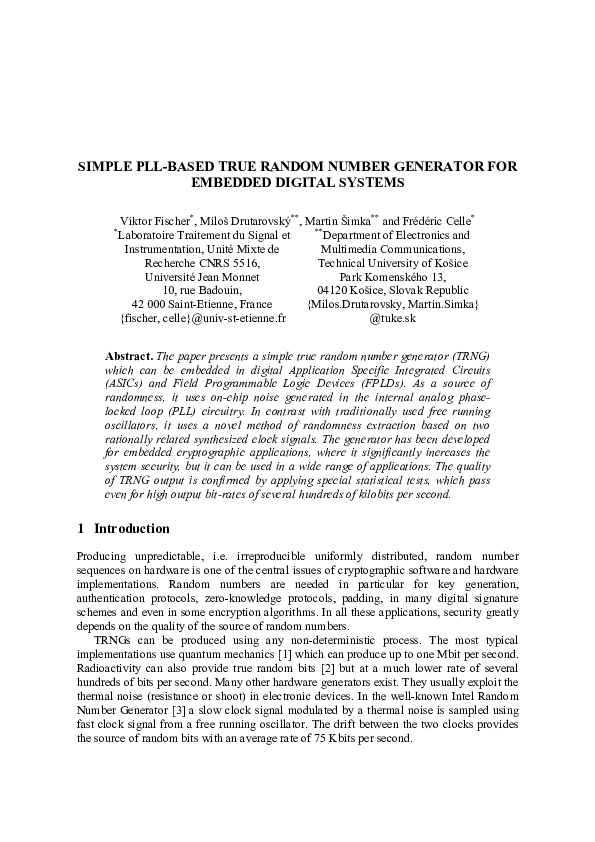 (PDF) A Simple PLL-Based True Random Number Generator for Embedded ...