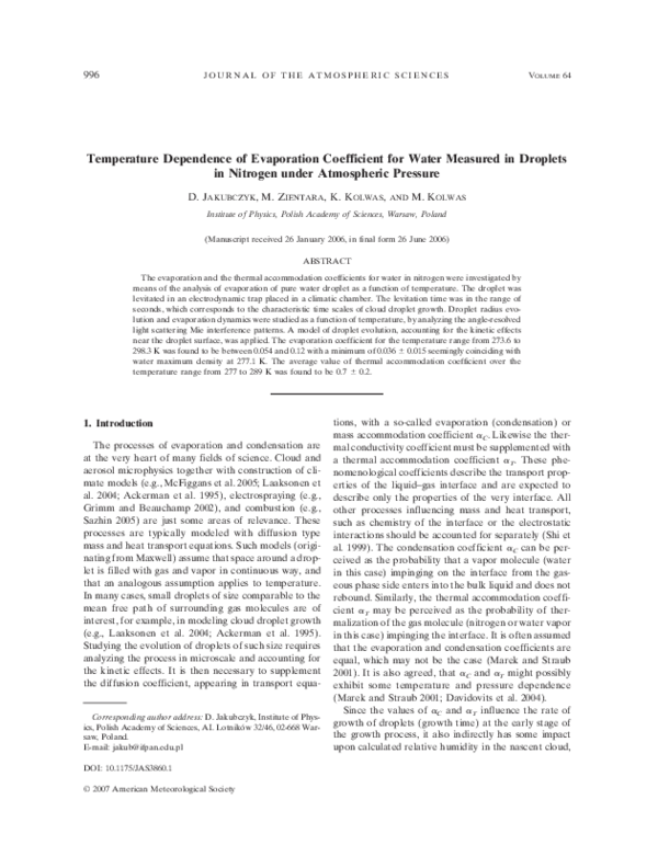 (PDF) Temperature Dependence of Evaporation Coefficient for Water