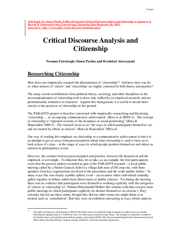 (PDF) Critical Discourse Analysis and Citizenship