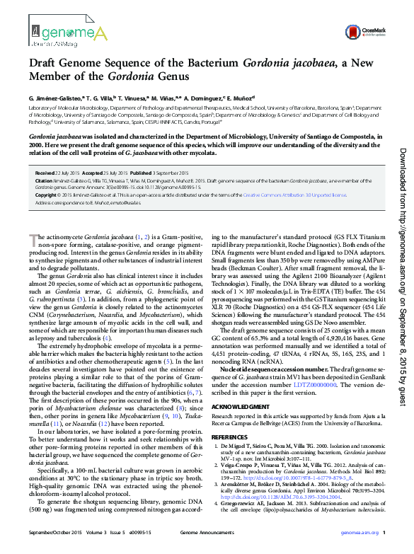 (PDF) Draft Genome Sequence of the Bacterium Gordonia jacobaea , a New ...