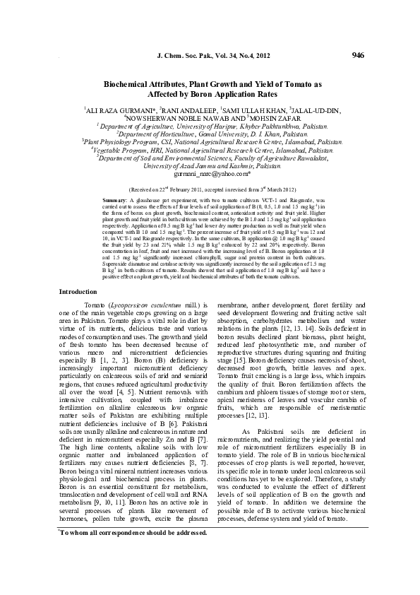 (PDF) Biochemical attributes, plant growth and yield of tomato as ...