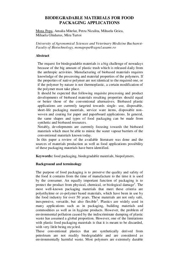 (PDF) Biodegradable Materials for Food Packaging Applications