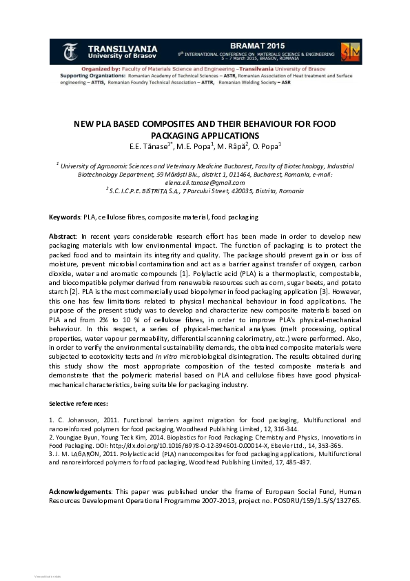 (PDF) New Pla Based Composites and Their Behaviour for Food Packaging ...