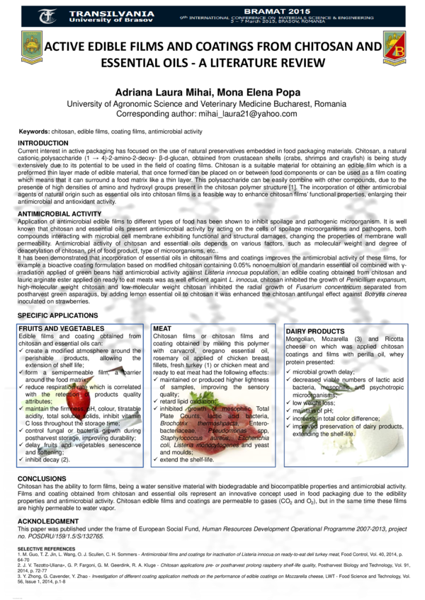 (PDF) Active Edible Films and Coatings from Chitosan and Essential Oils