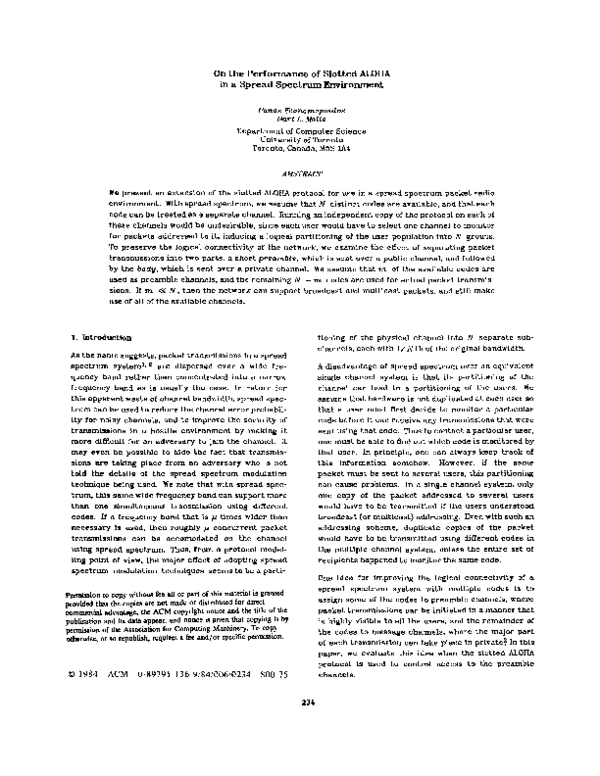 (PDF) On the performance of slotted ALOHA in a spread spectrum environment
