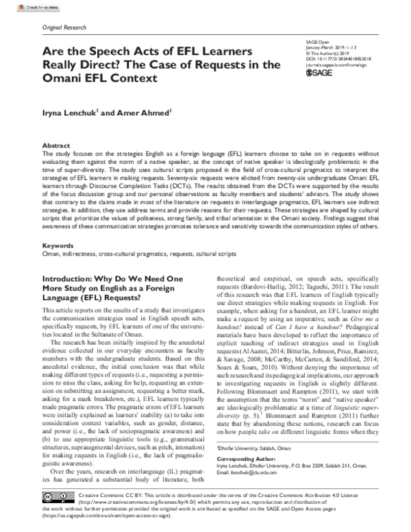 (PDF) Are the Speech Acts of EFL Learners Really Direct? The Case of ...