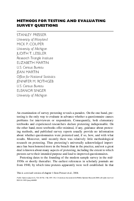 (PDF) Methods for Testing and Evaluating Survey Questionnaires