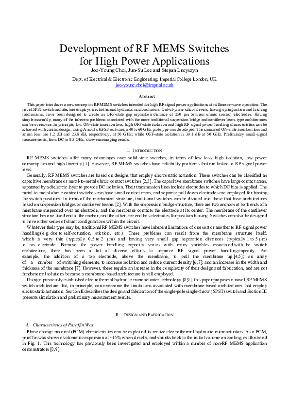 (PDF) Development of RF MEMS switches for high power applications