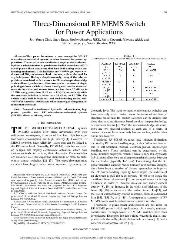 (PDF) Three-Dimensional RF MEMS Switch for Power Applications