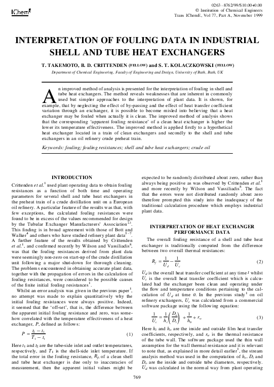 (PDF) Interpretation of Fouling Data in Industrial Shell and Tube Heat ...