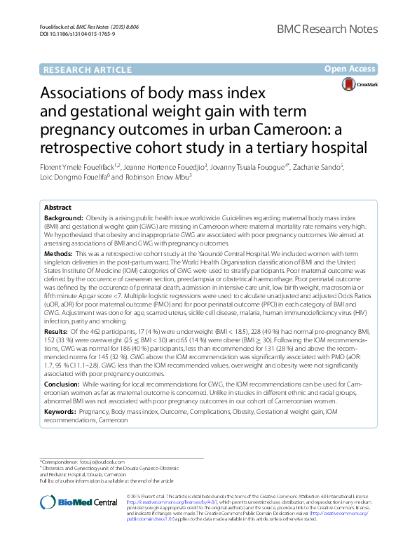 (PDF) Associations of body mass index and gestational weight gain with ...