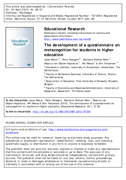 (PDF) The development of a questionnaire on metacognition for students ...