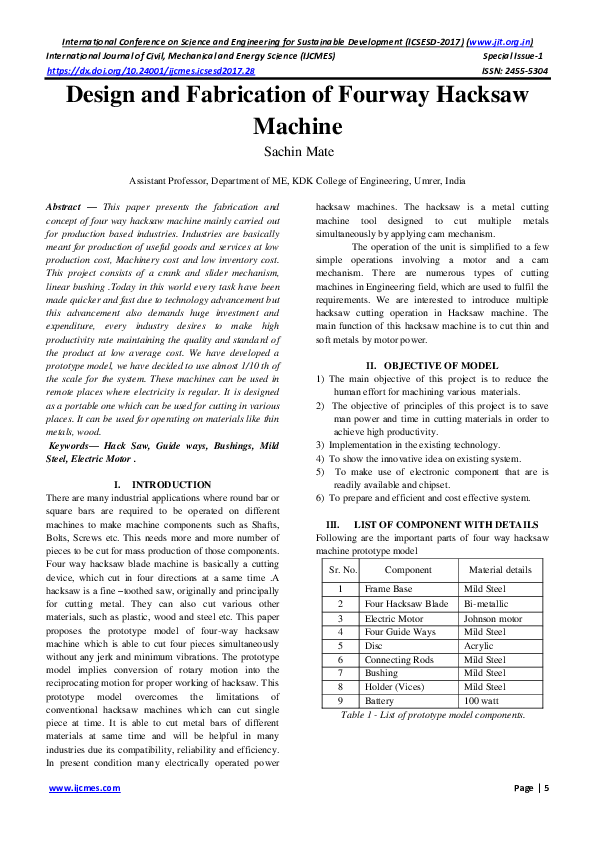 (PDF) Design and Fabrication of Fourway Hacksaw Machine