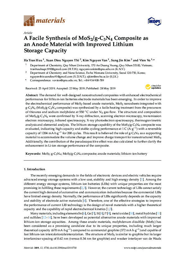 (PDF) A Facile Synthesis of MoS2/g-C3N4 Composite as an Anode Material ...