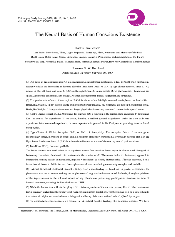 (PDF) The Neural Basis of Human Conscious Existence