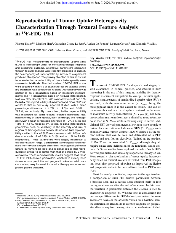 (PDF) Reproducibility of Tumor Uptake Heterogeneity Characterization ...