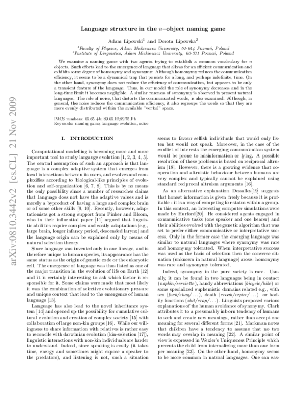 (PDF) Language structure in the n-object naming game