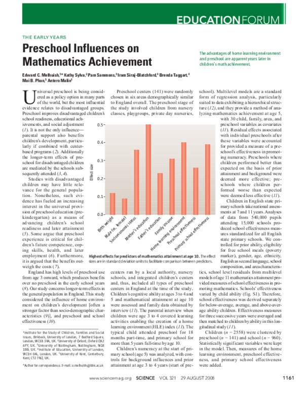 (PDF) THE EARLY YEARS: Preschool Influences on Mathematics Achievement