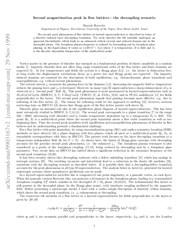 (PDF) Second magnetization peak in flux lattices: The decoupling scenario