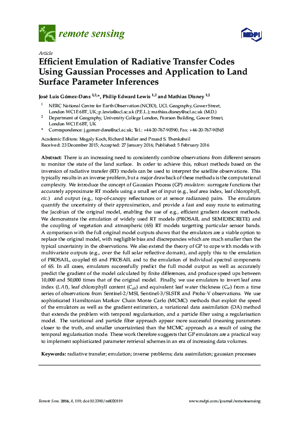 (PDF) Efficient Emulation of Radiative Transfer Codes Using Gaussian ...