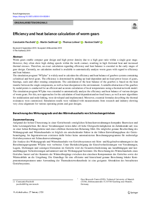 (PDF) Efficiency and heat balance calculation of worm gears Karsten