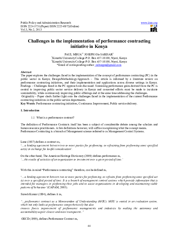 (PDF) Challenges in the implementation of performance contracting ...