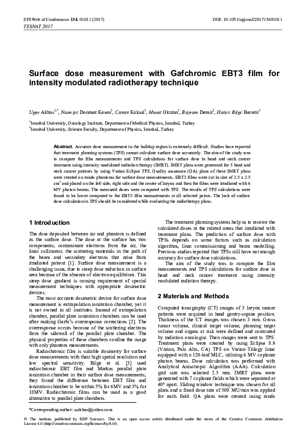 (PDF) Surface dose measurement with Gafchromic EBT3 film for intensity ...
